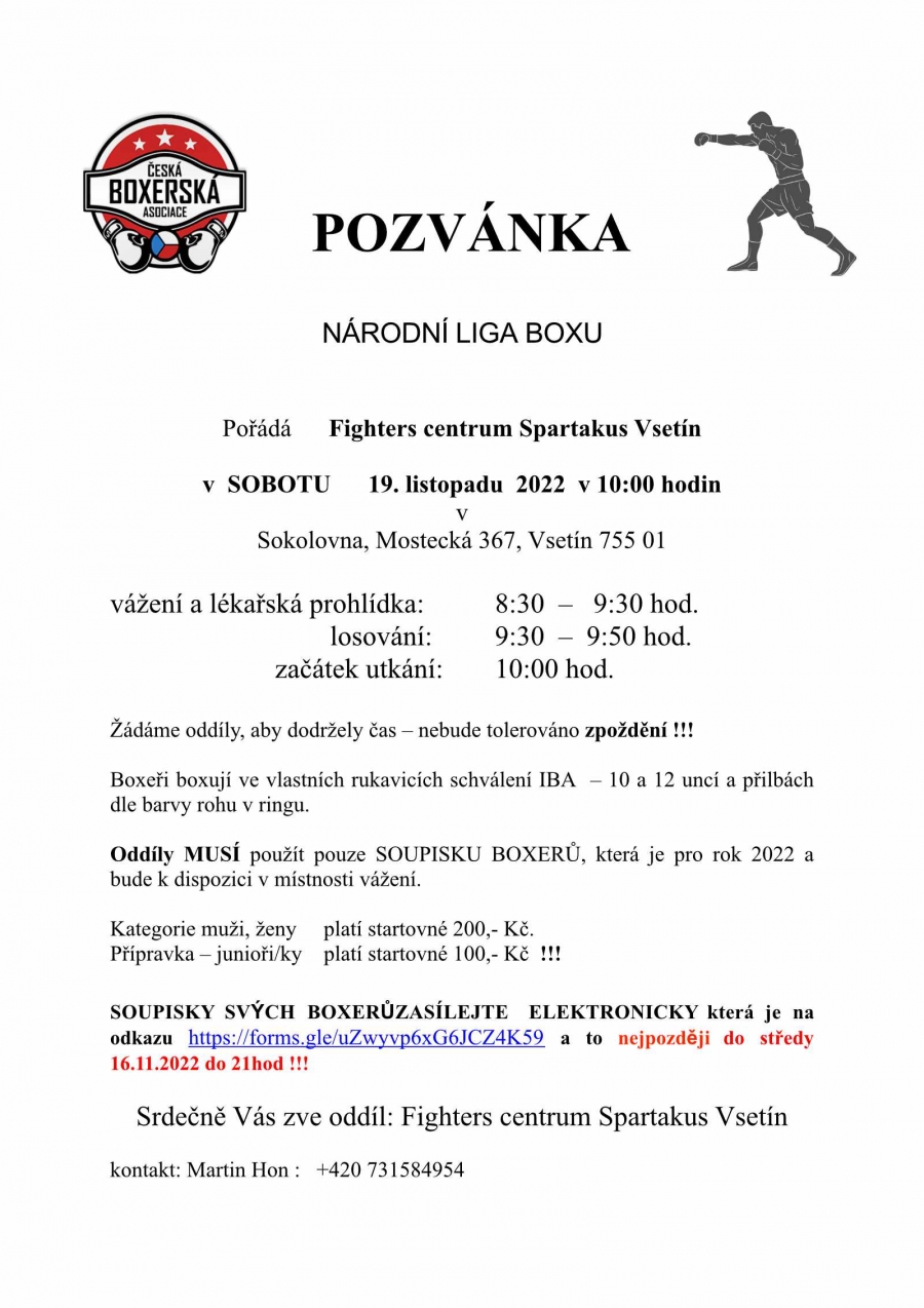 Pozvánka Národní Liga Boxu